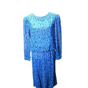 Vintage 80s Blue Modest Long Sleeve Dress Black Retro Abstract Print Size 16 USA